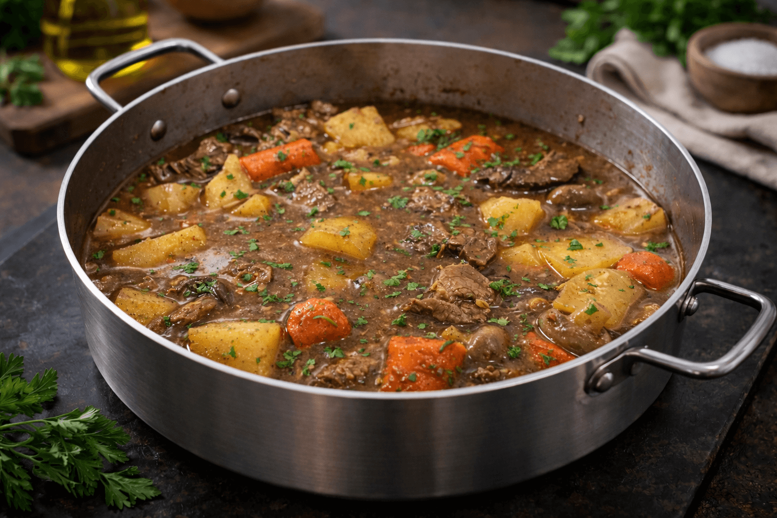 Hearty beef stew in simmering pot